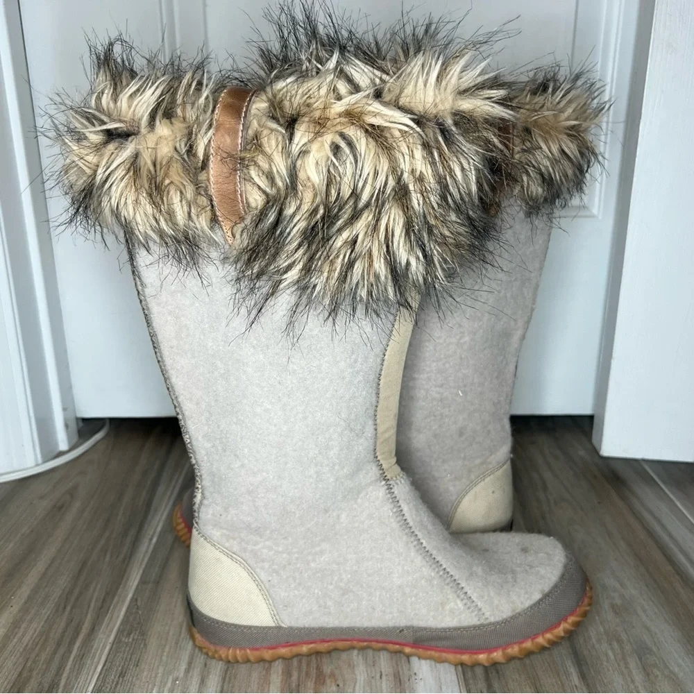 Sorel Cozy Joan Tall Felt Boots Faux Fur Top Womens Sz 10 Beige Tan Brown